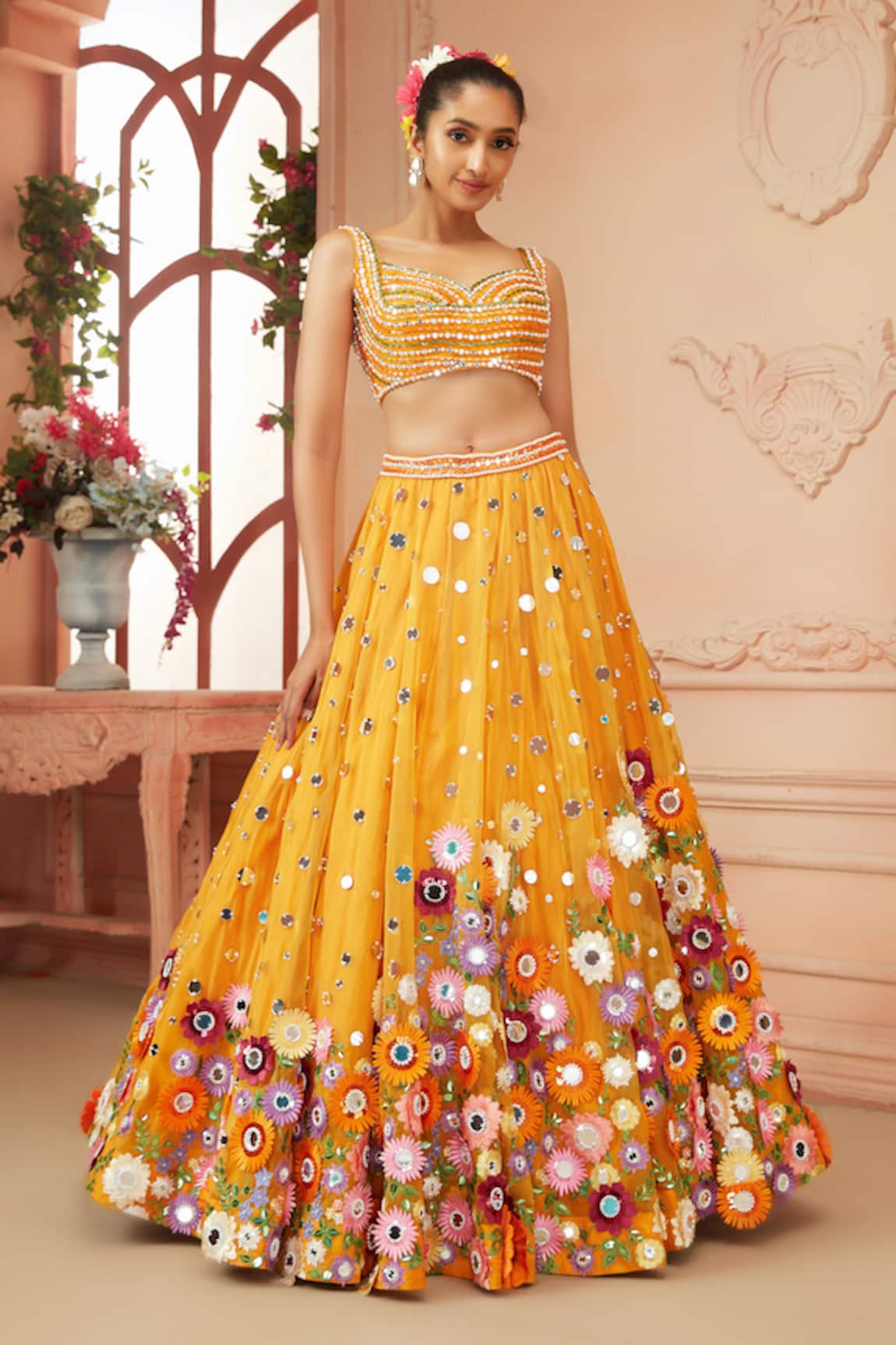 Buy Yellow Tulle And Organza Embroidered Floral Slender