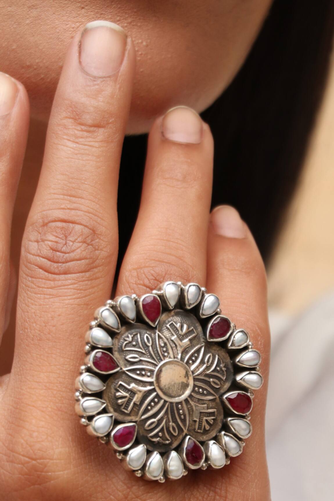 Noor Handcrafted Oxidized Floral Ring 