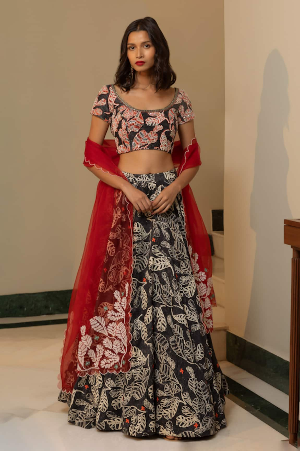 Ojasmé by Sanjana Thapa Fiddle Fig Leaves Print Lehenga Set