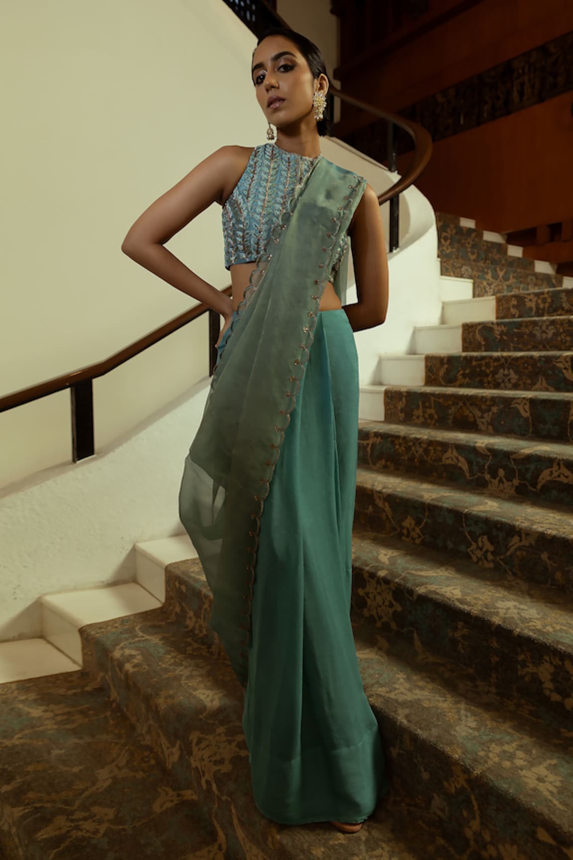 Ojasmé by Sanjana Thapa Pre-Draped Saree With Embroidered Blouse