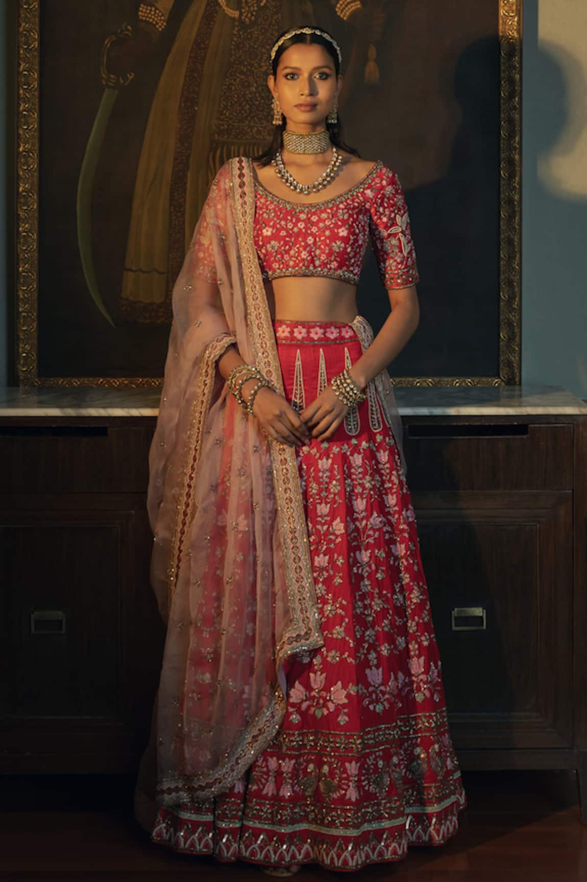 Ojasmé by Sanjana Thapa Raw Silk Embroidered Bridal Lehenga Set