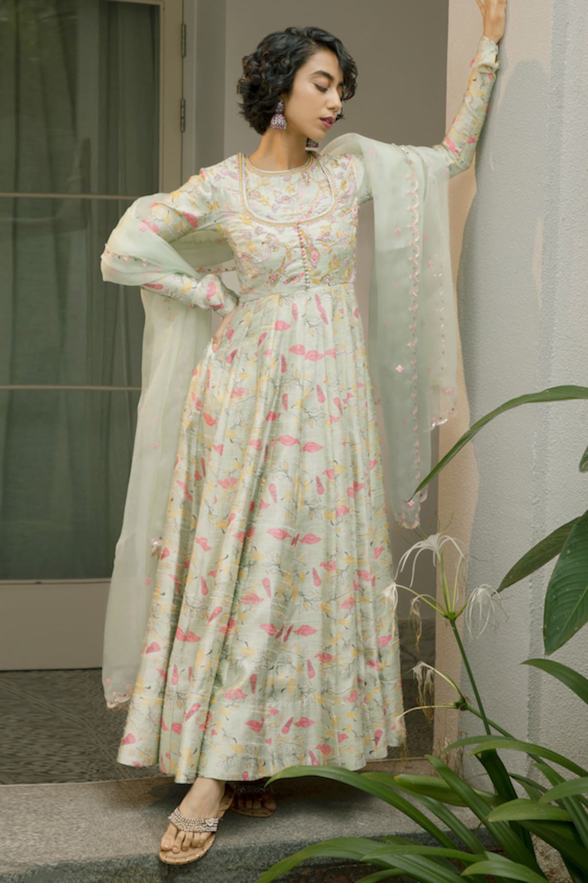 Ojasmé by Sanjana Thapa Botanic Floral Printed Anarkali With Dupatta