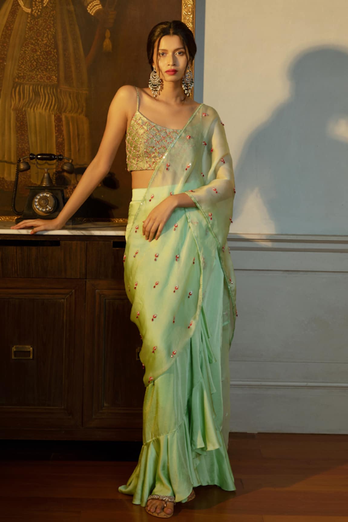 Ojasmé by Sanjana Thapa Beads Embroidered Pre-Draped Saree With Blouse