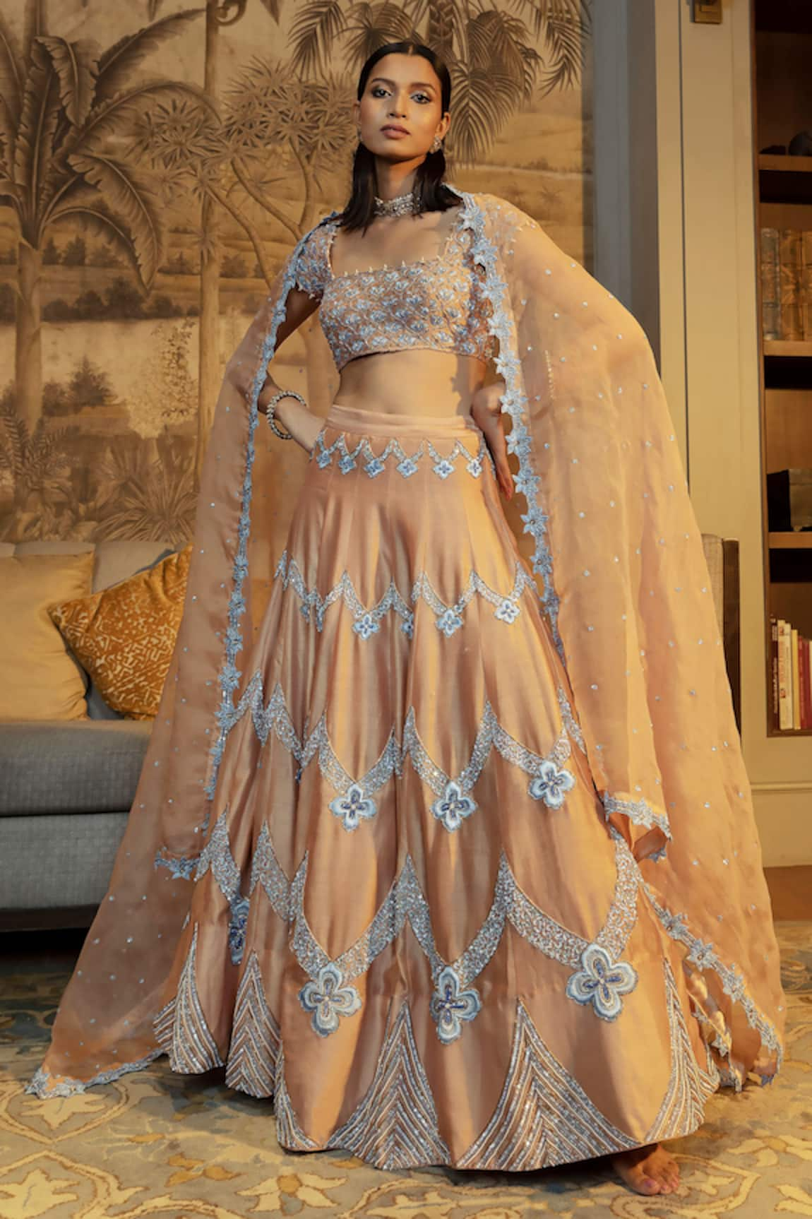 Ojasmé by Sanjana Thapa Chevron & Blossom Embroidered Bridal Lehenga Set