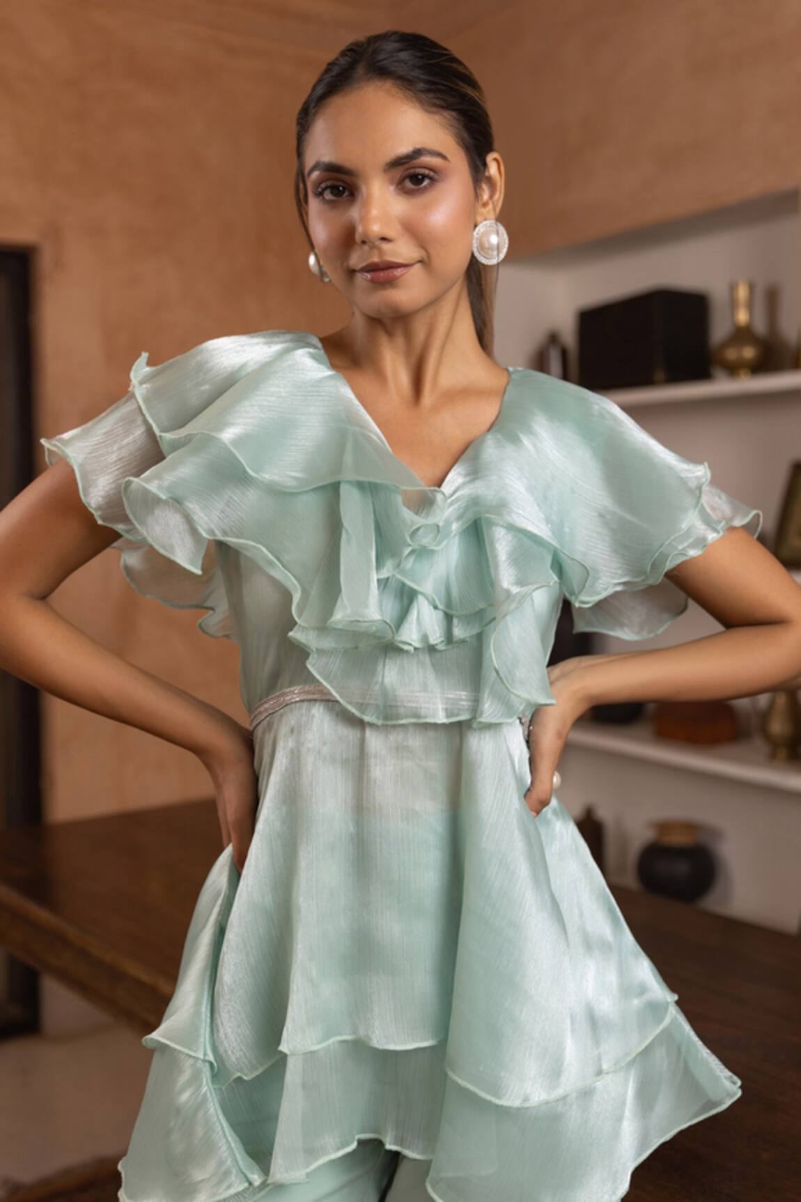 B'Infinite Ruffled Neck Embellished Crush Organza Top