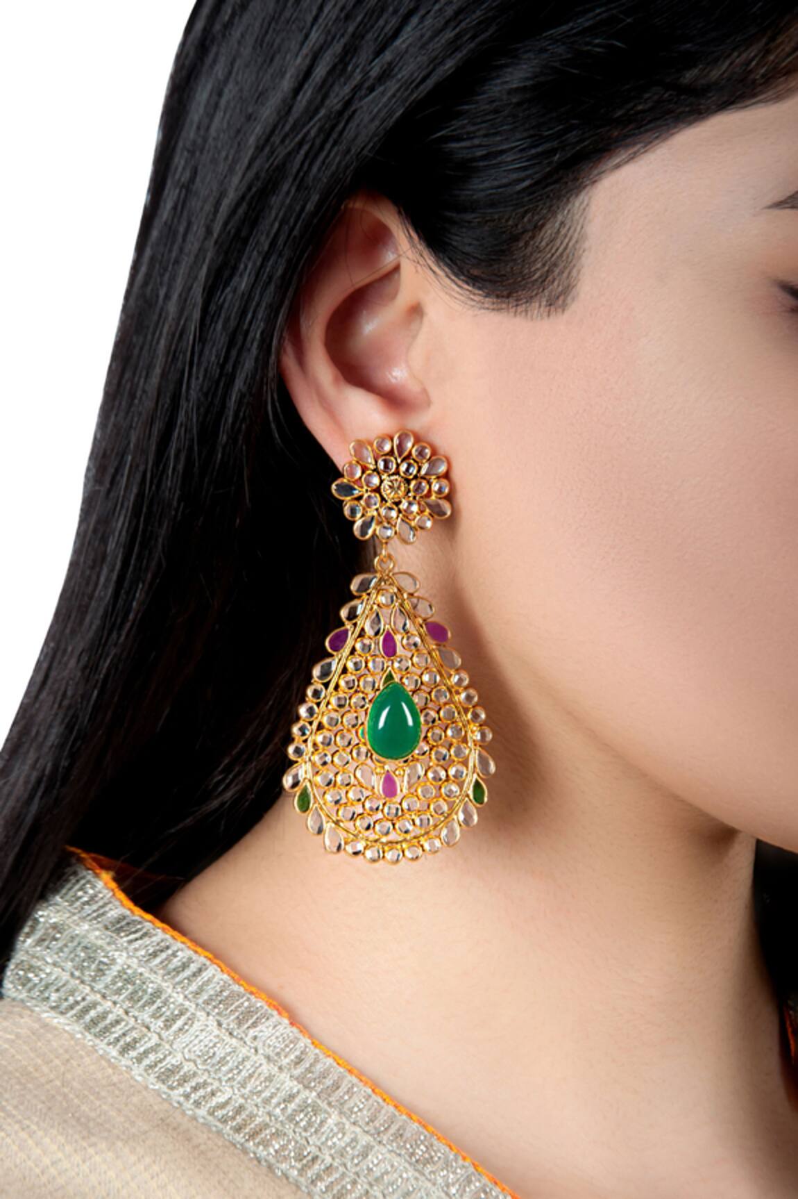 Neeta Boochra Crystal & Onyx Embellished Dangler Earrings
