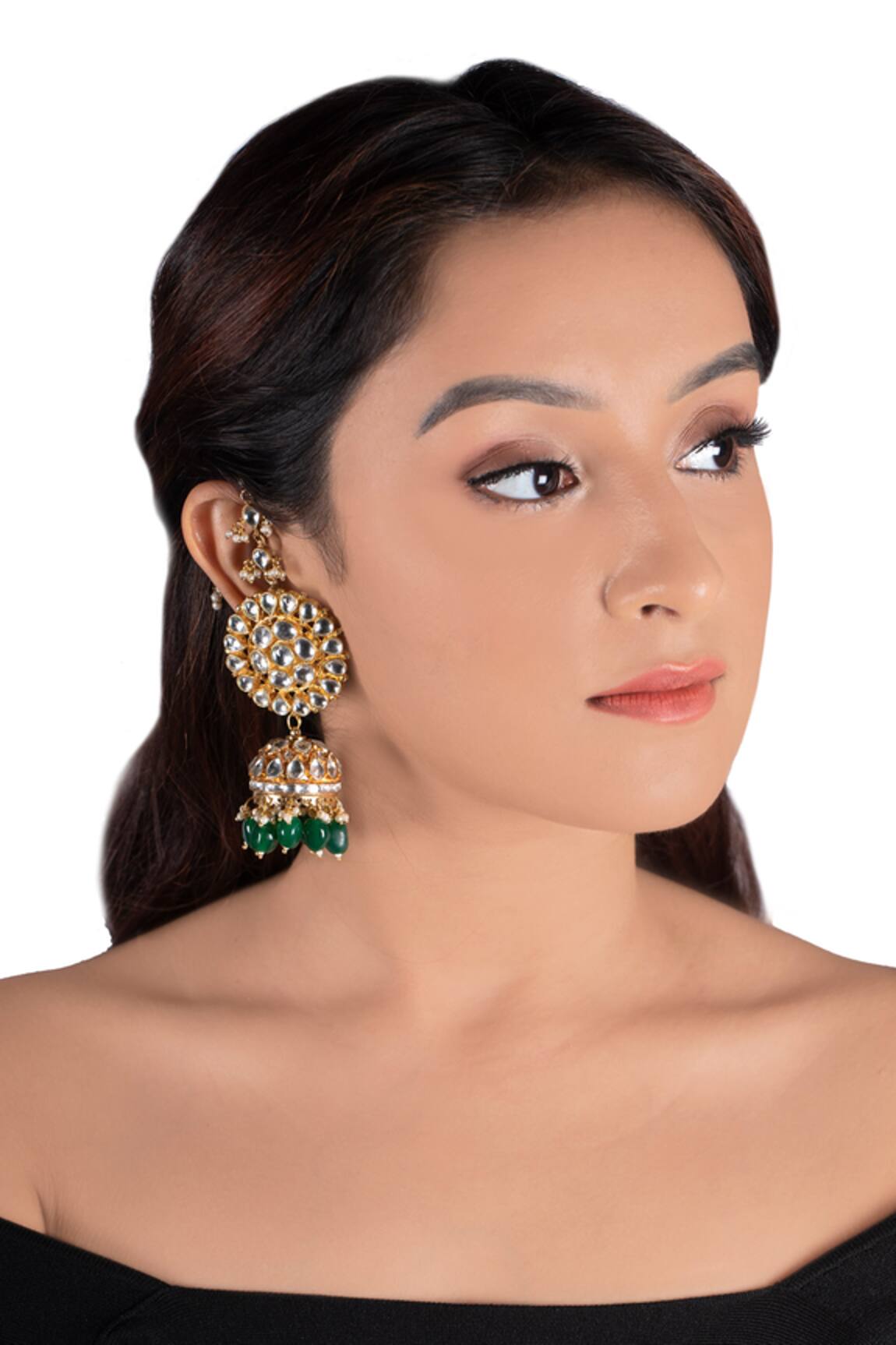 Riana Jewellery Floral Stone Ear Chain Jhumkas 