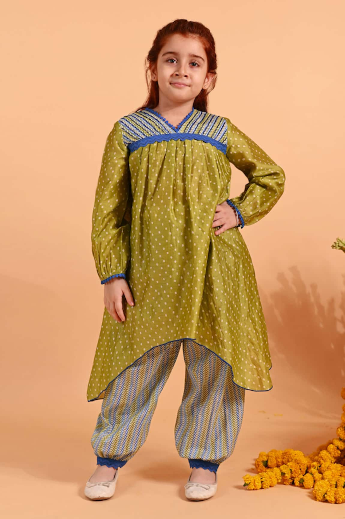 Mini Trails Bandhej Print Kurta & Striped Salwar Set