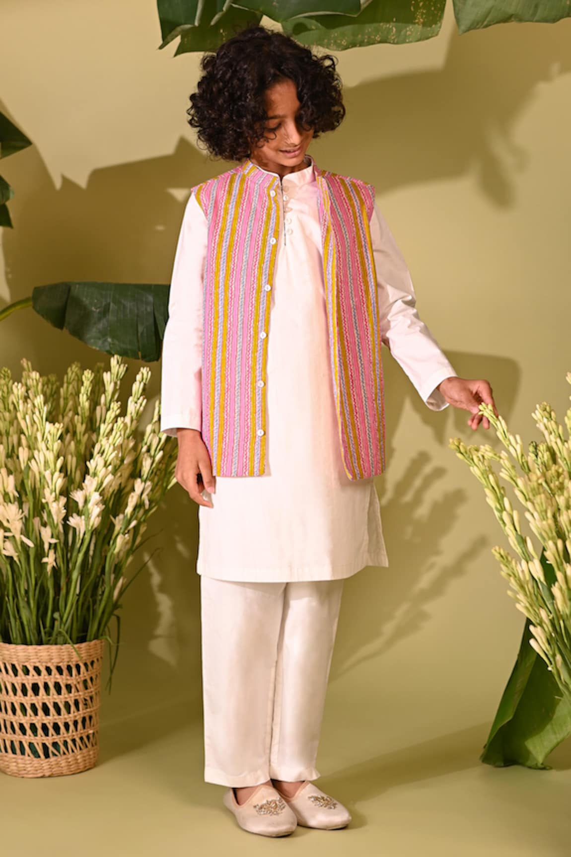 Mini Trails Cotton Kurta Set With Embroidered Nehru Jacket