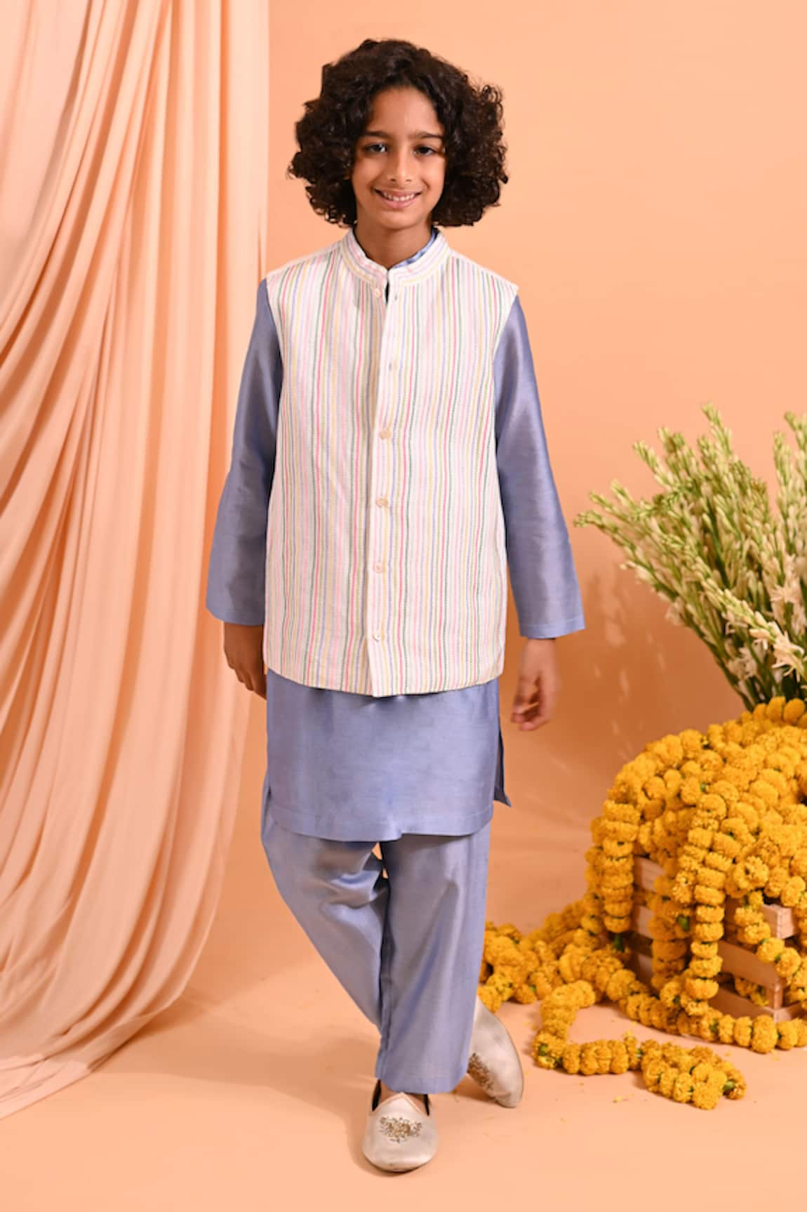 Mini Trails Kurta Set With Thread Embroidered Nehru Jacket