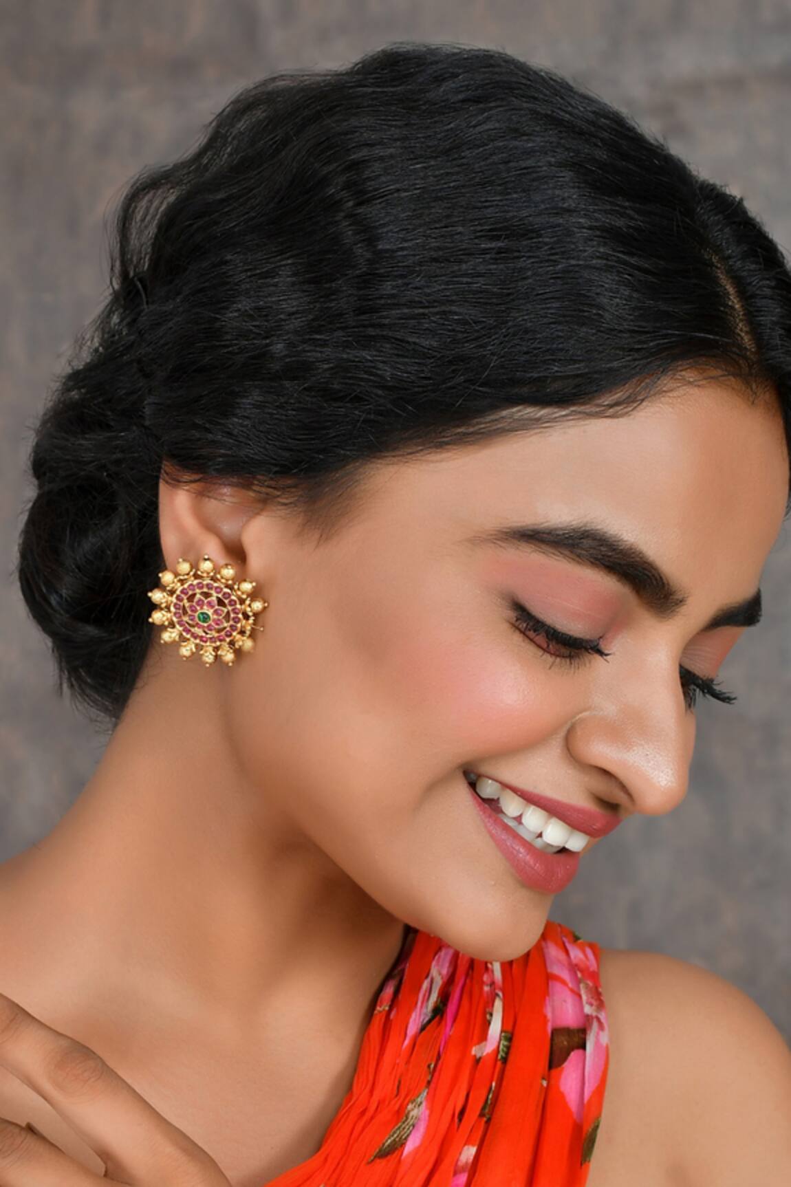 Ishhaara Kempu Stone Encrusted Flower Earrings