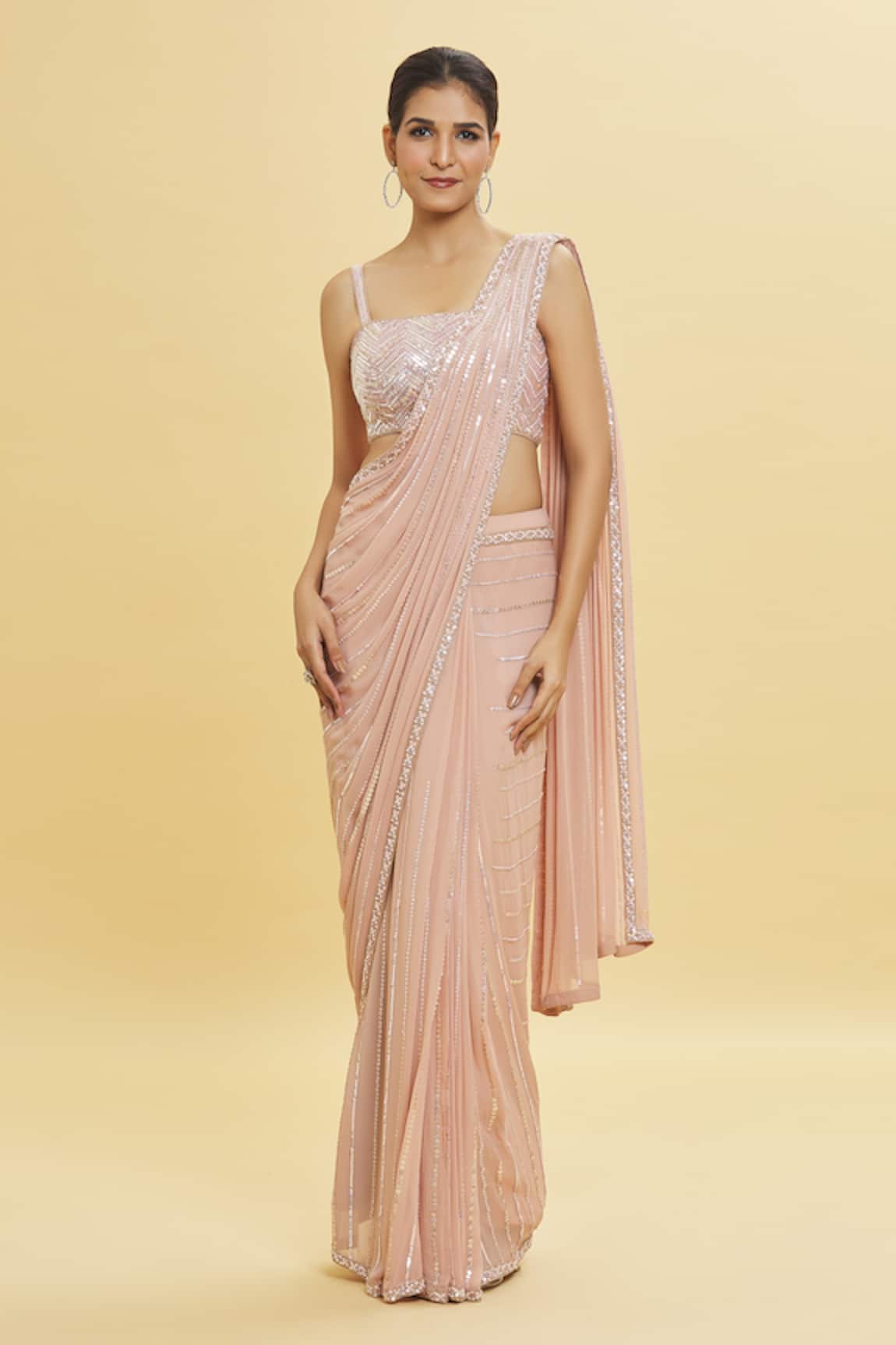 Shlok Design Sequin Embellished Pre-Draped Saree With Blouse