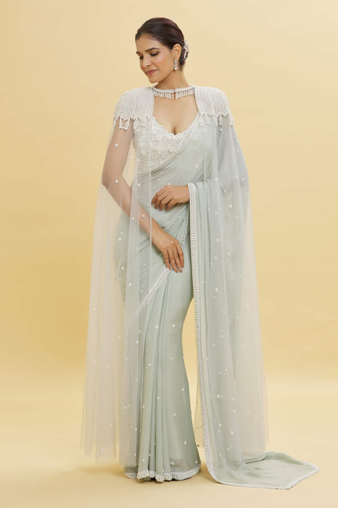 Shlok Design Pearl Embellished Saree & Cape Set