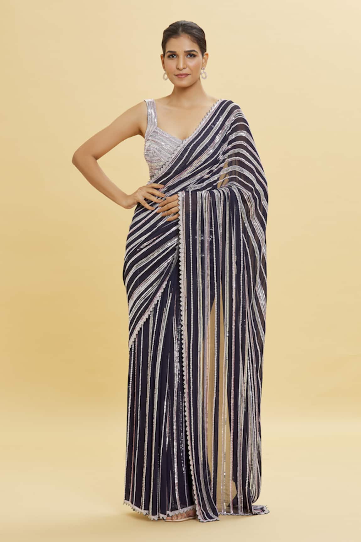 Shlok Design Stripe Sequin Saree With Blouse