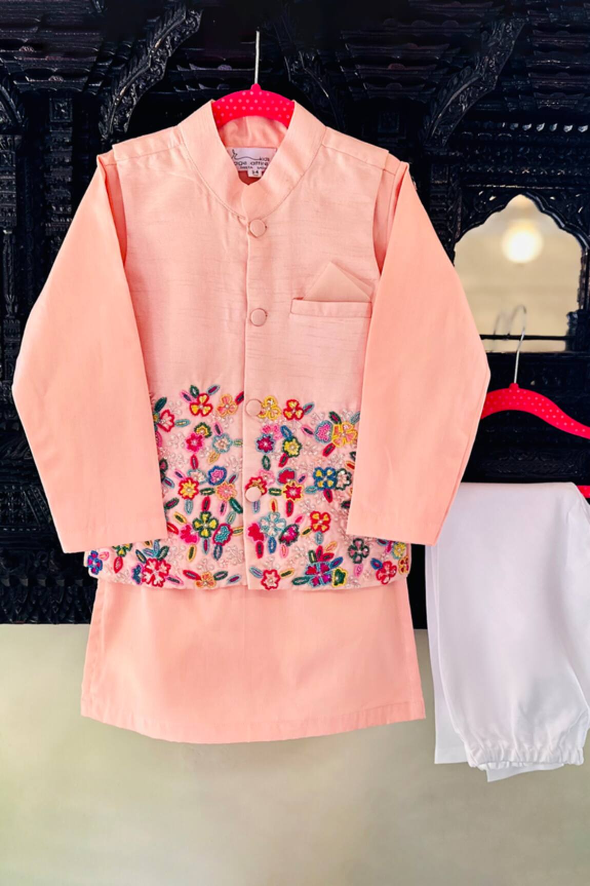 Rage Attire-Sweta Saria Embroidered Peach Kurta Set With Nehru Jacket