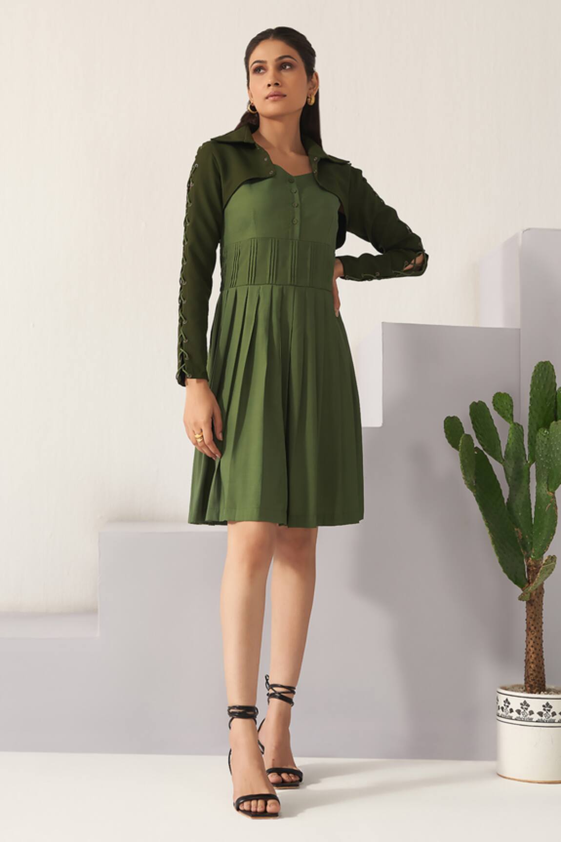 Detales Pleated Dress With Cropped Jacket