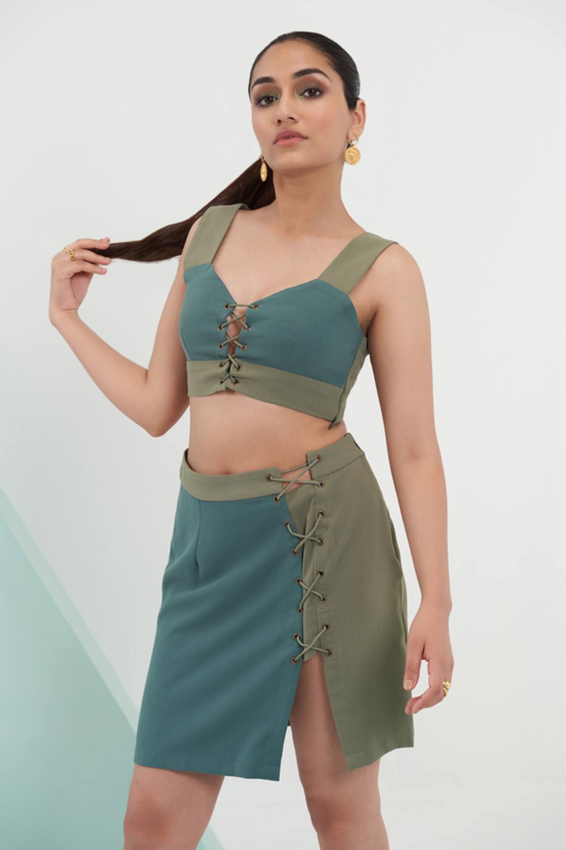 Detales Ava Colour Block Patchwork Top With Skirt