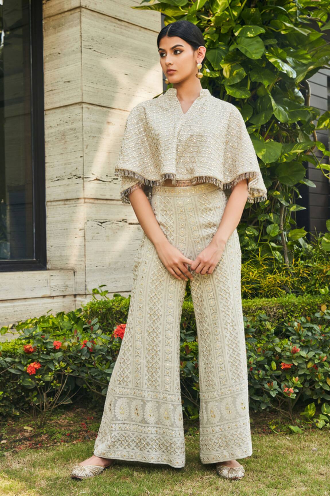 Bohame Chikankari Cape & Flared Pant Set