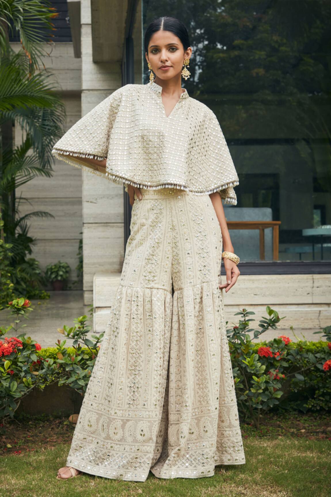 Bohame Beige Chikankari Cape & Sharara Set