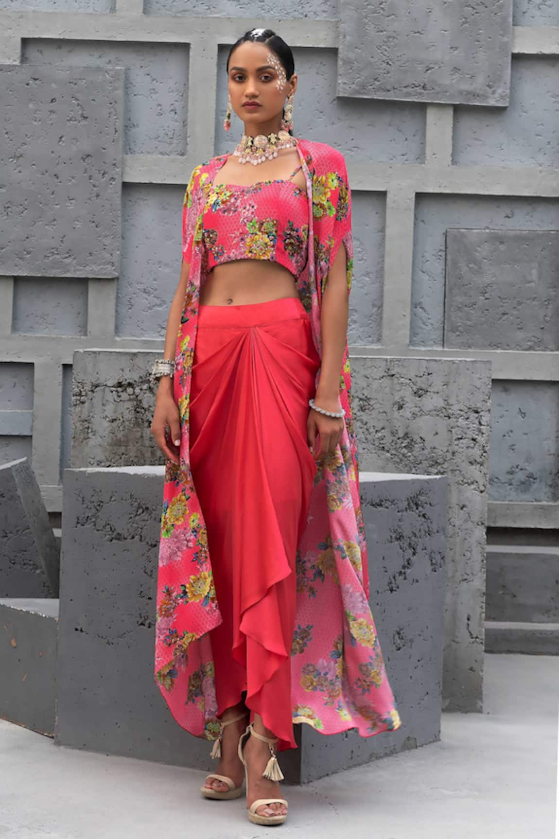Chhavvi Aggarwal Printed Cape Draped Skirt Set