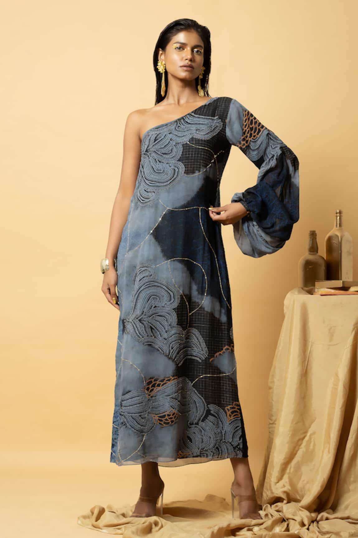 Label Shristi Chetani Abstract Pattern One-Shoulder Dress