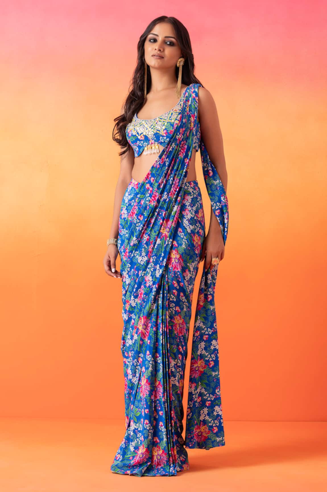 Seema Thukral Pre-Stitched Floral Print Saree With Blouse