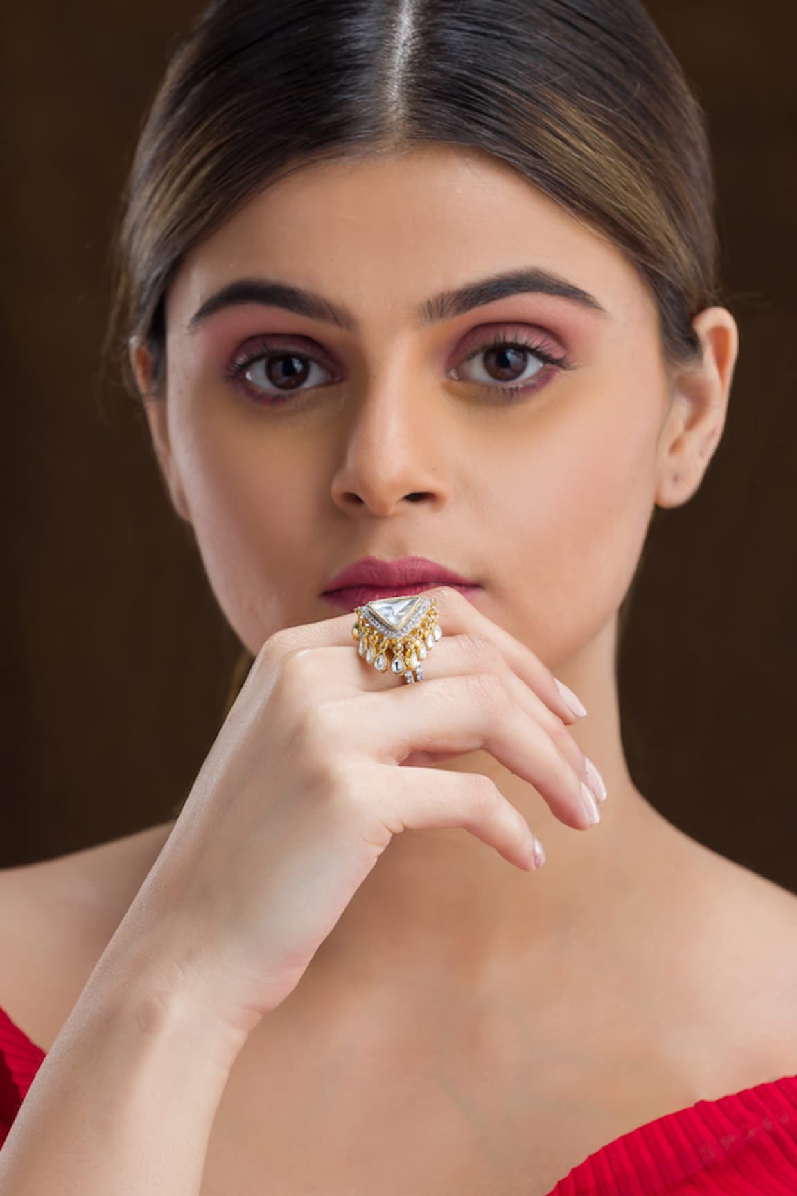 Vasundhara Triangle Shaped Kundan Embellished Ring