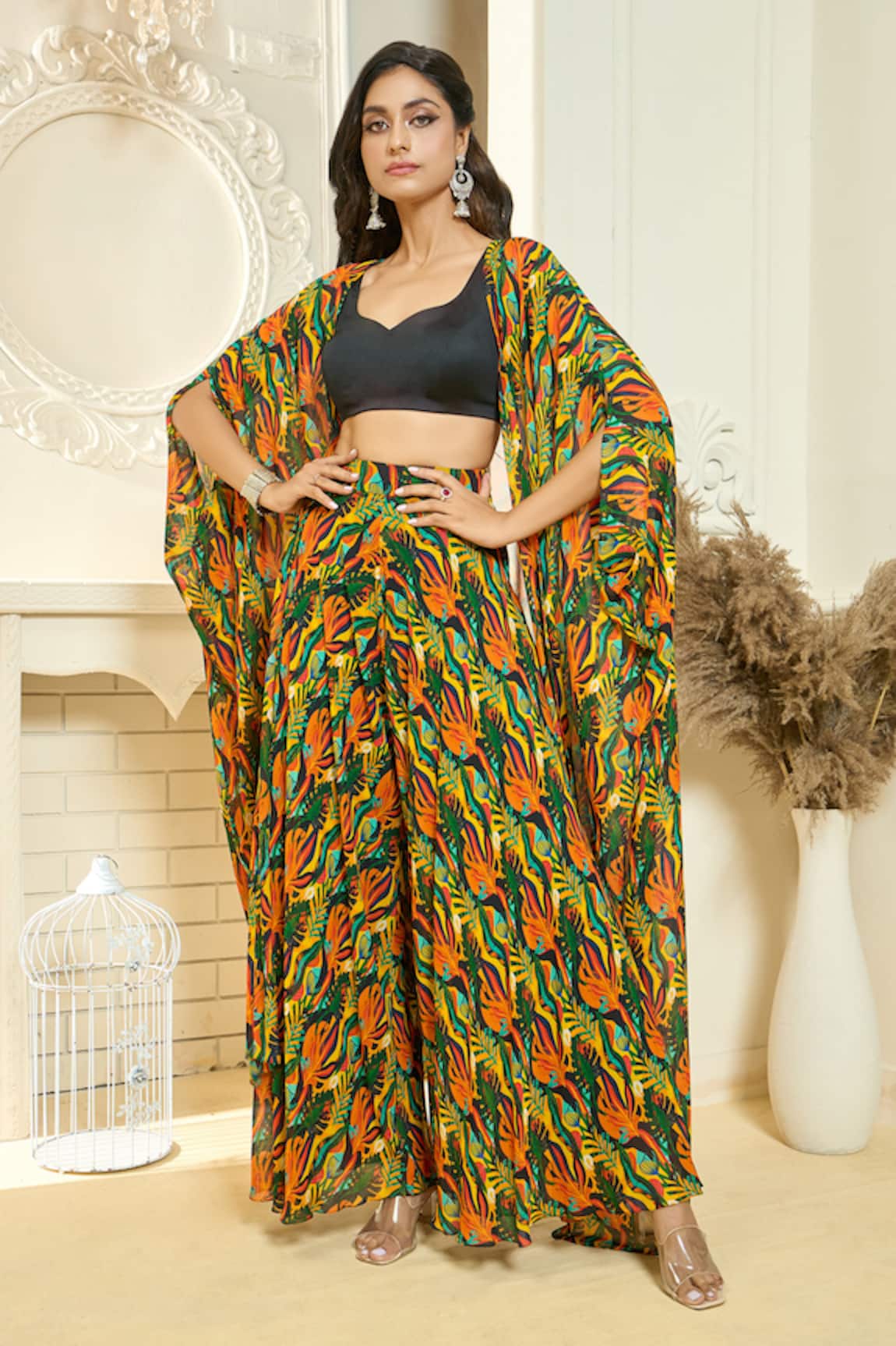 Aariyana Couture Tropical Print Cape & Flared Pant Set