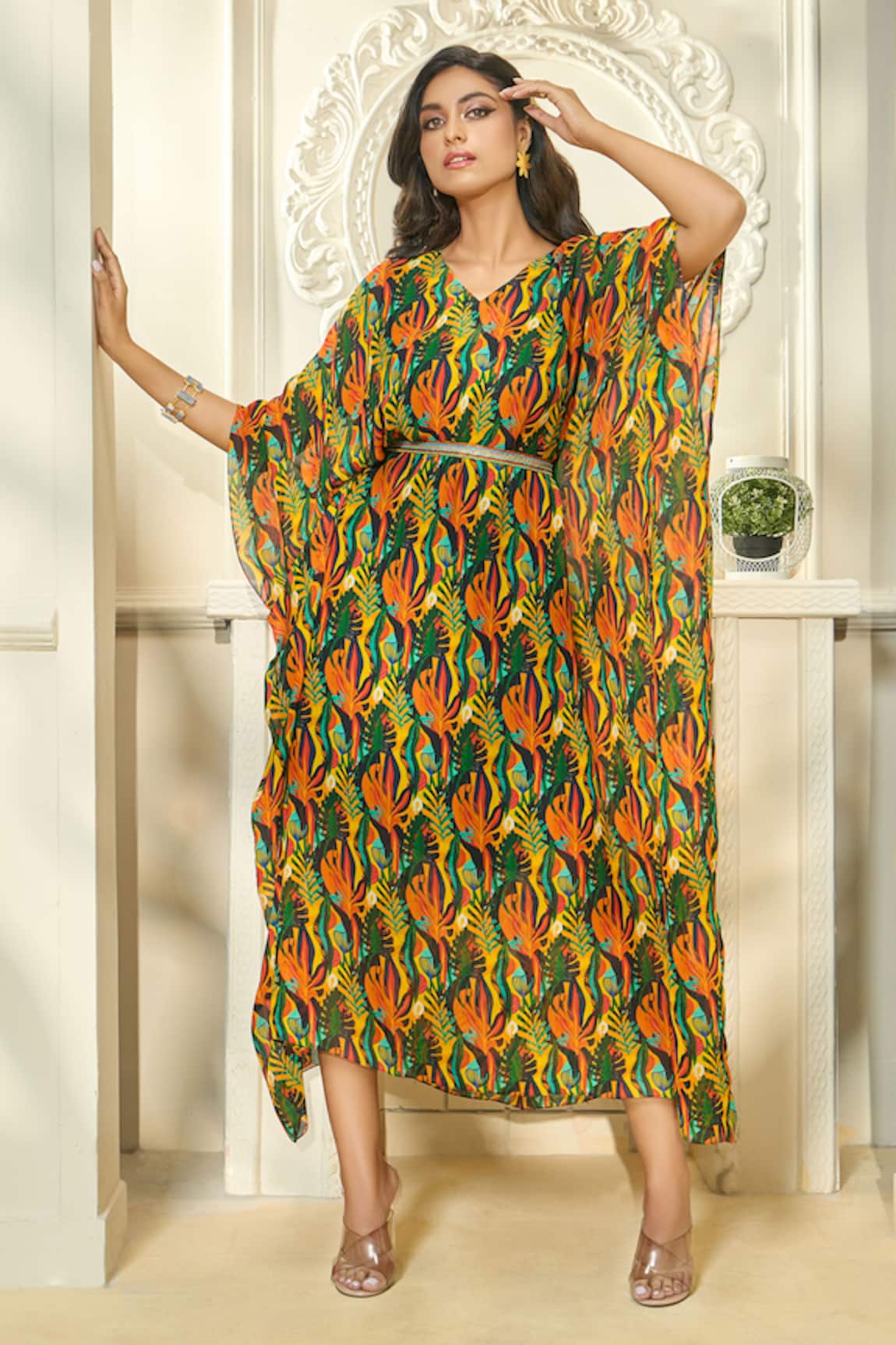 Ariyana Couture Tropical Print Kaftan With Belt