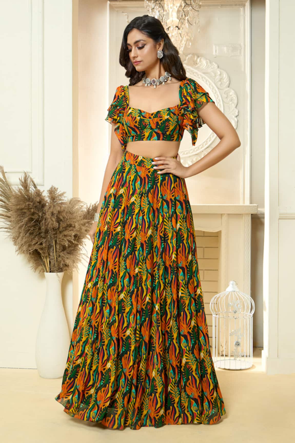 Ariyana Couture Tropical Print Ruffle Sleeve Blouse & Lehenga Set