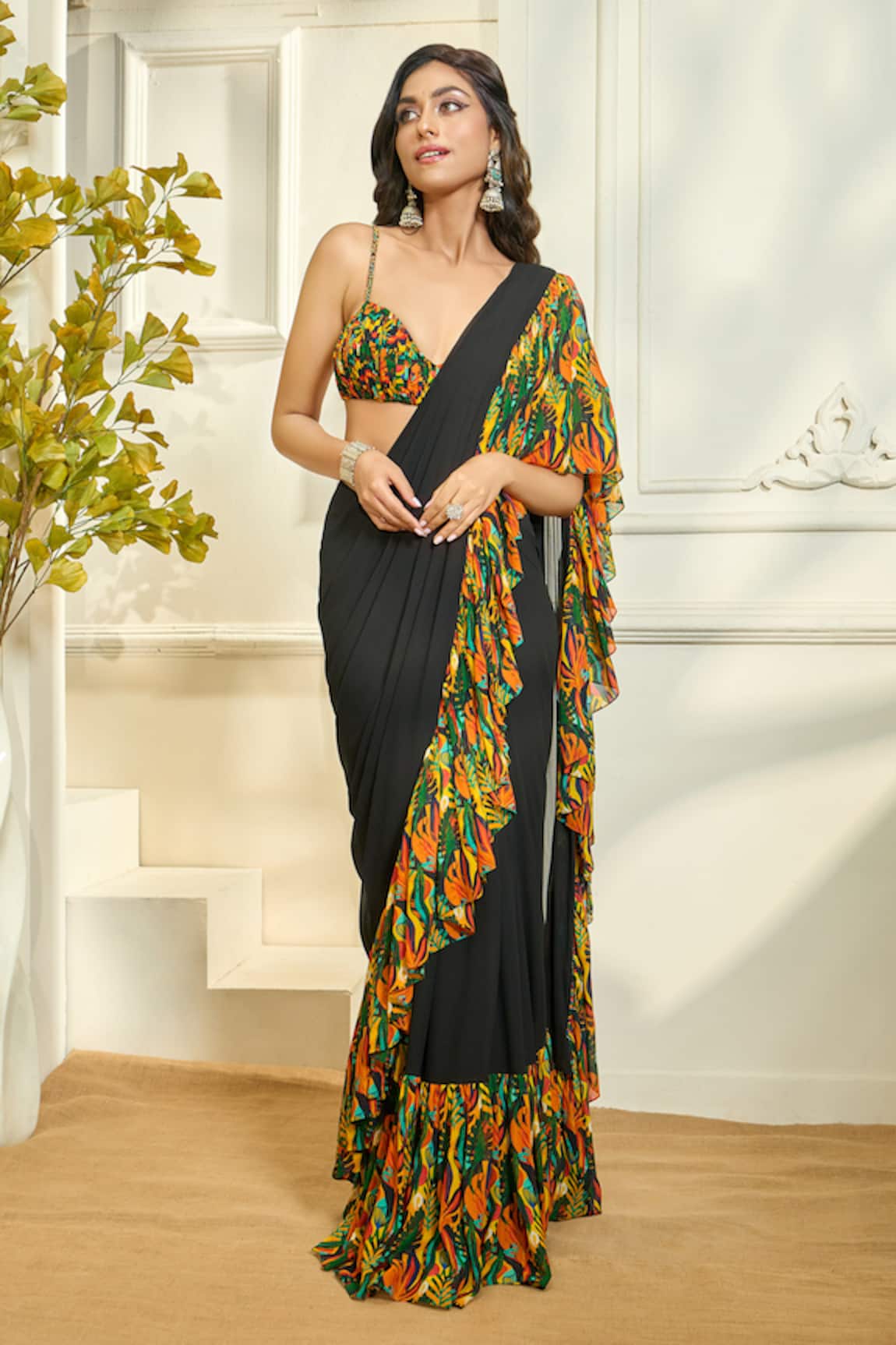 Ariyana Couture Tropical Print Ruffle Pre-Stitched Saree With Blouse