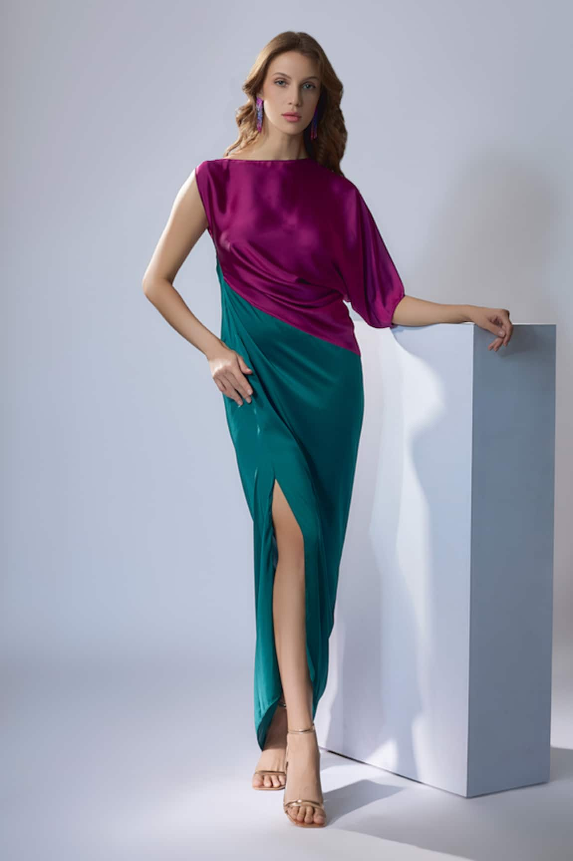 Na-Ka Side Slit Color Block Satin Dress