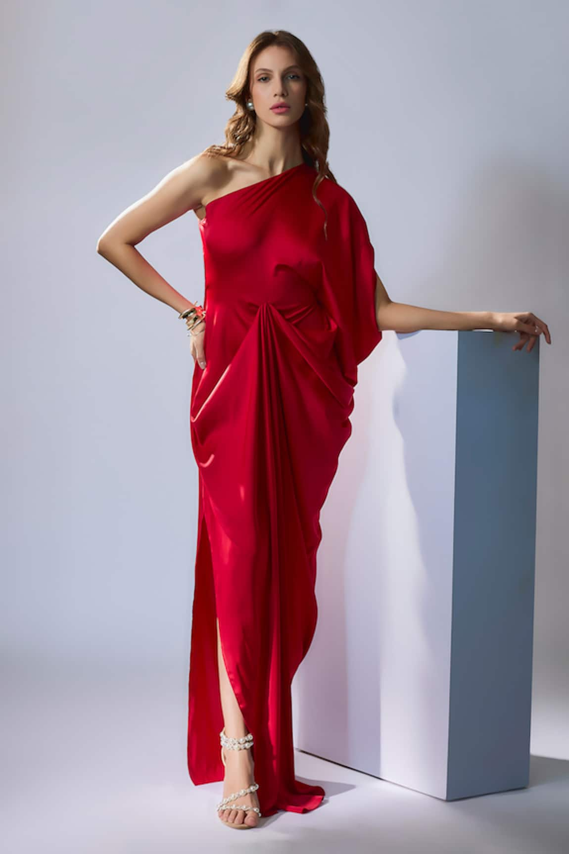 Na-Ka One Shoulder Draped Solid Gown