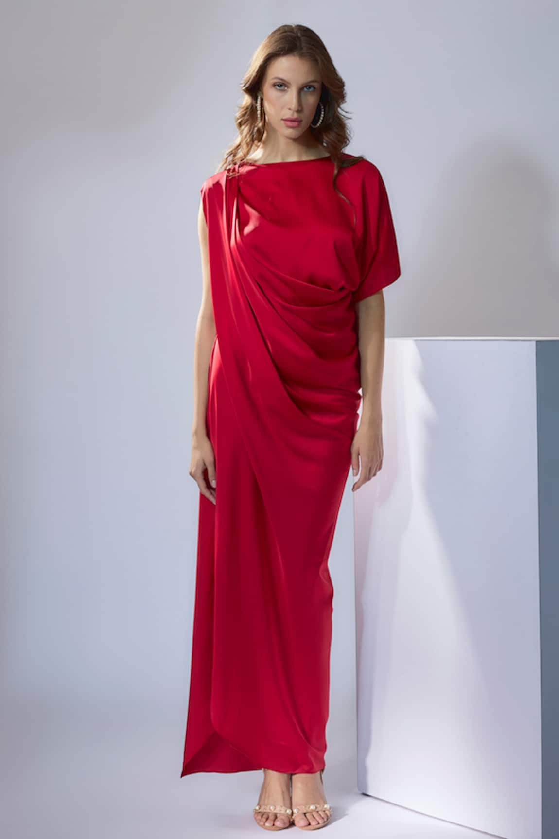 Na-Ka Cowl Shoulder Draped Satin Gown