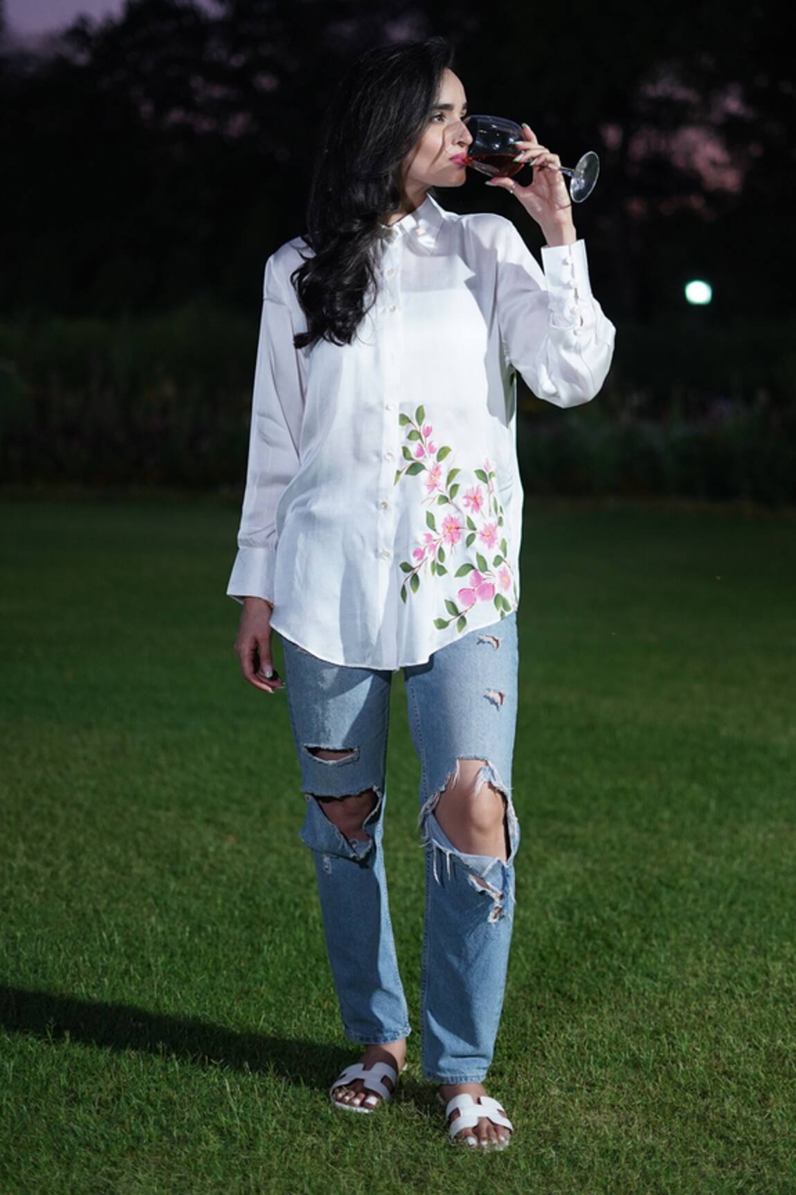 Kyra By Nina + Deepika Apple Blossoms Hand Painted Shirt 