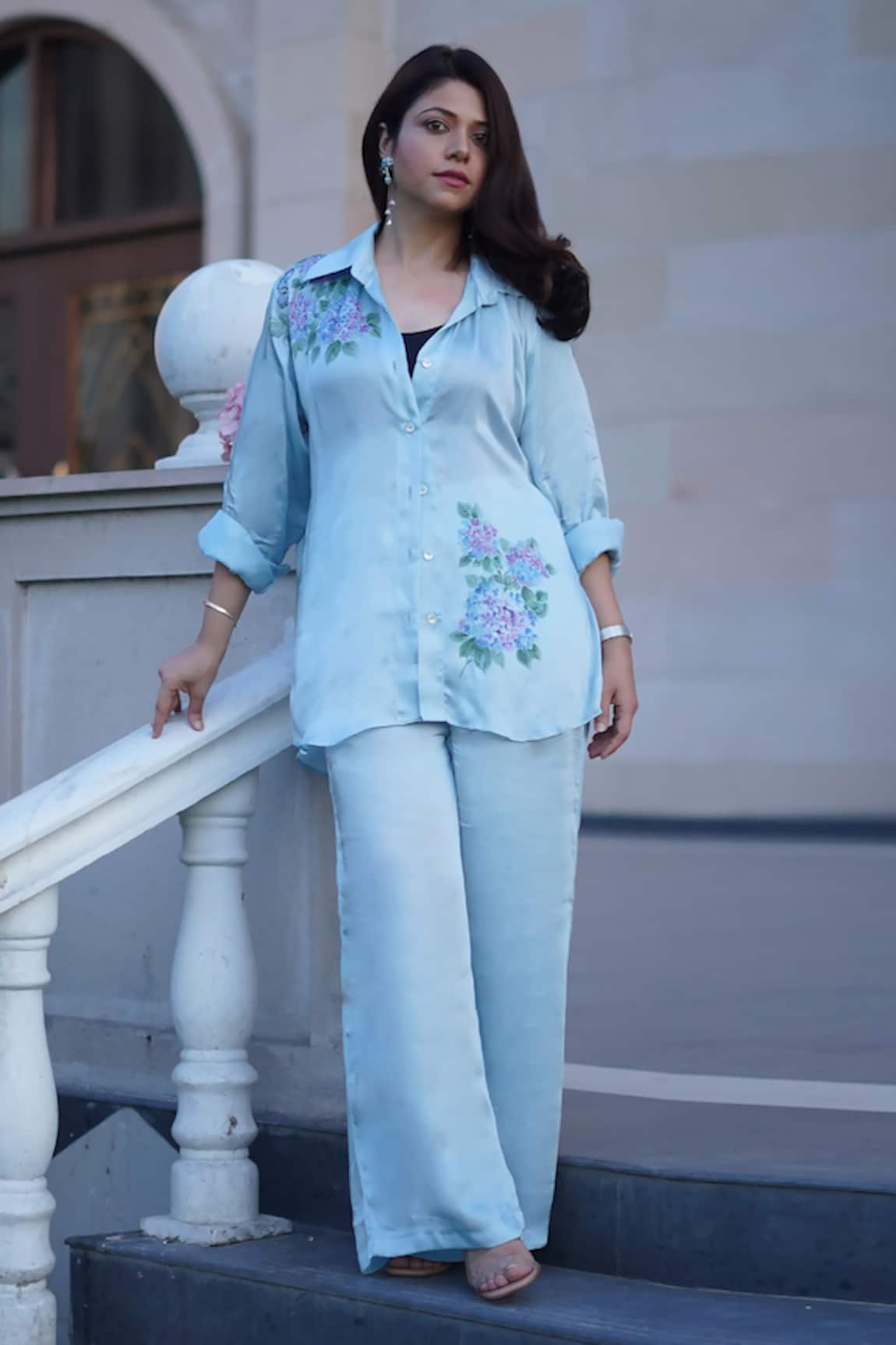 Kyra By Nina + Deepika Pretty Hydrangeas Hand Painted Shirt & Pant Set