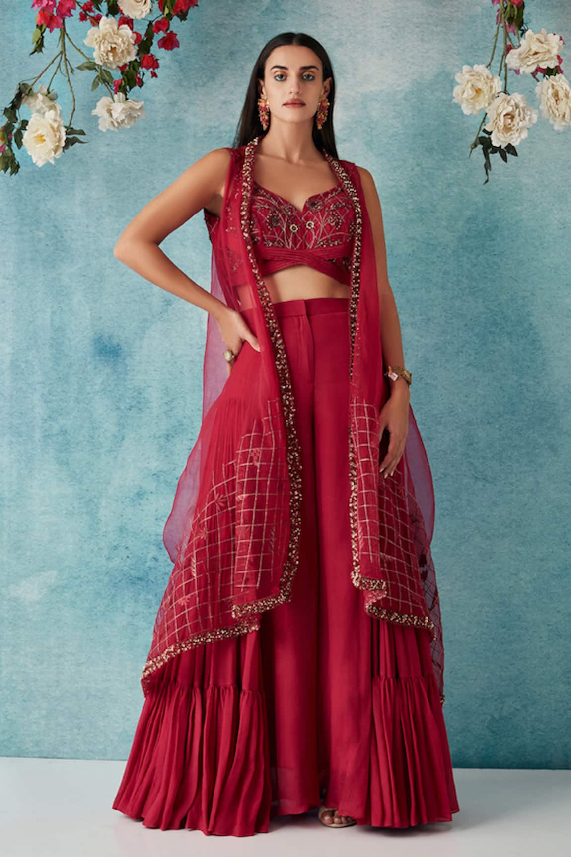 Siyona By Ankurita Embroidered Cape & Layered Sharara Set 