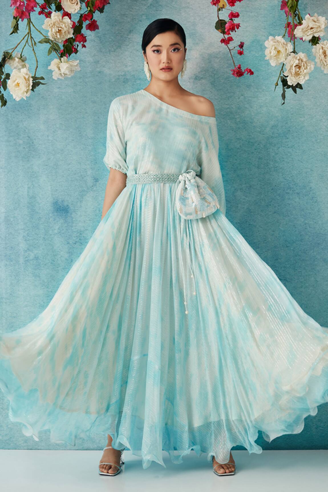 Siyona By Ankurita Embroidered One-Shoulder Gown & Potli Bag