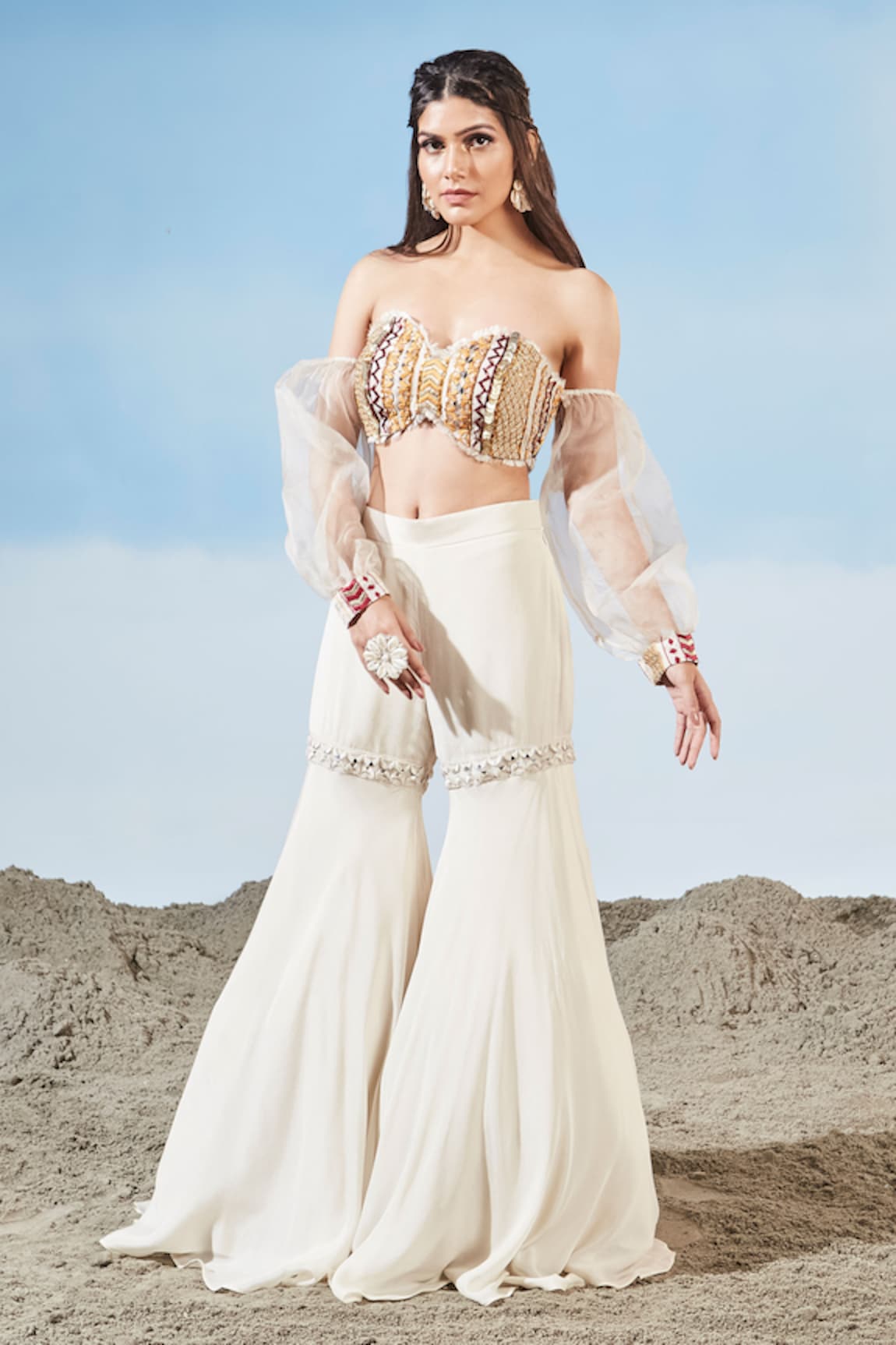 Siyona by Ankurita Off Shoulder Embroidered Bustier & Sharara Set