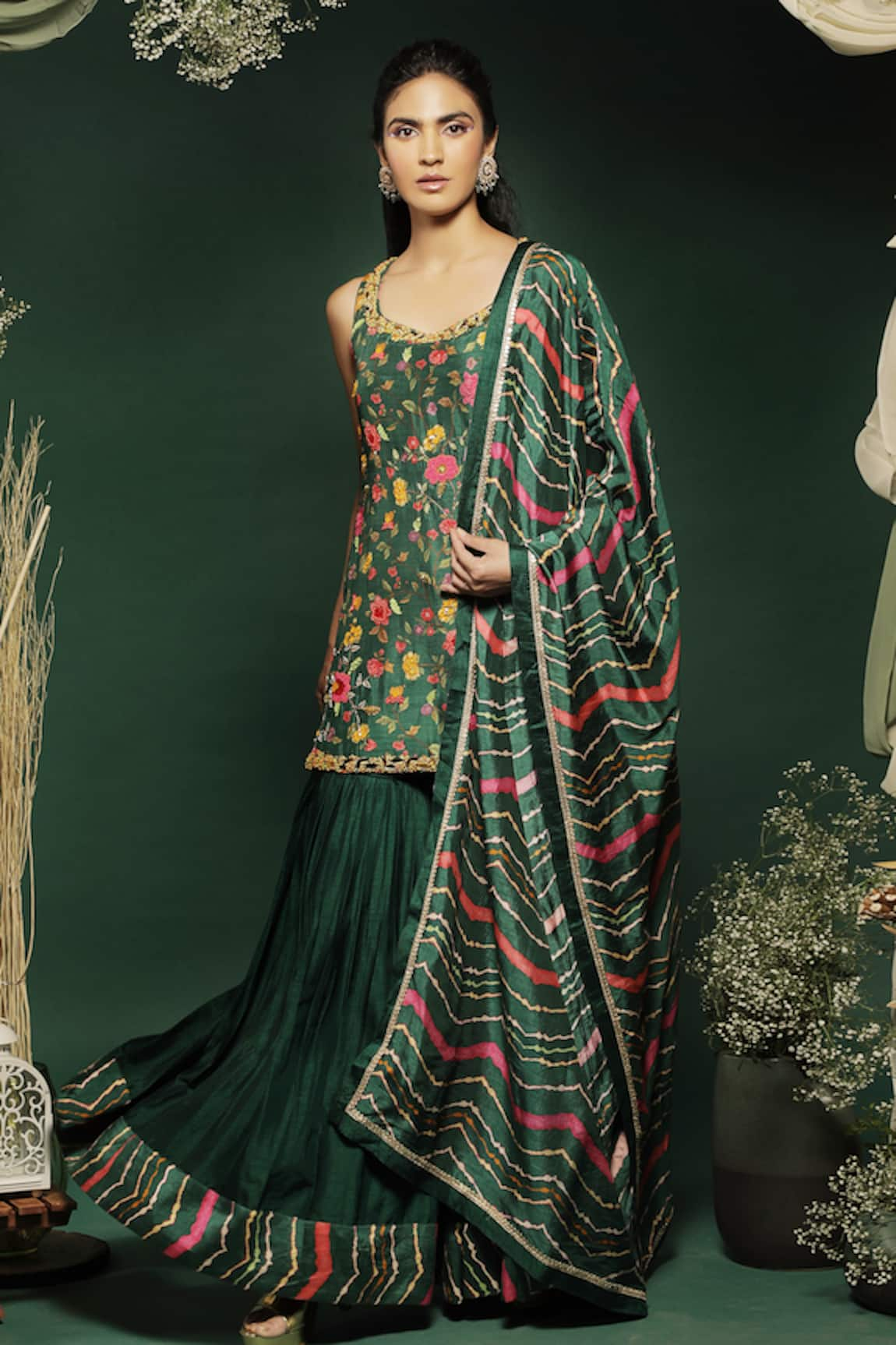 Label Ne'chi Floral Embroidered Silk Kurta Sharara Set