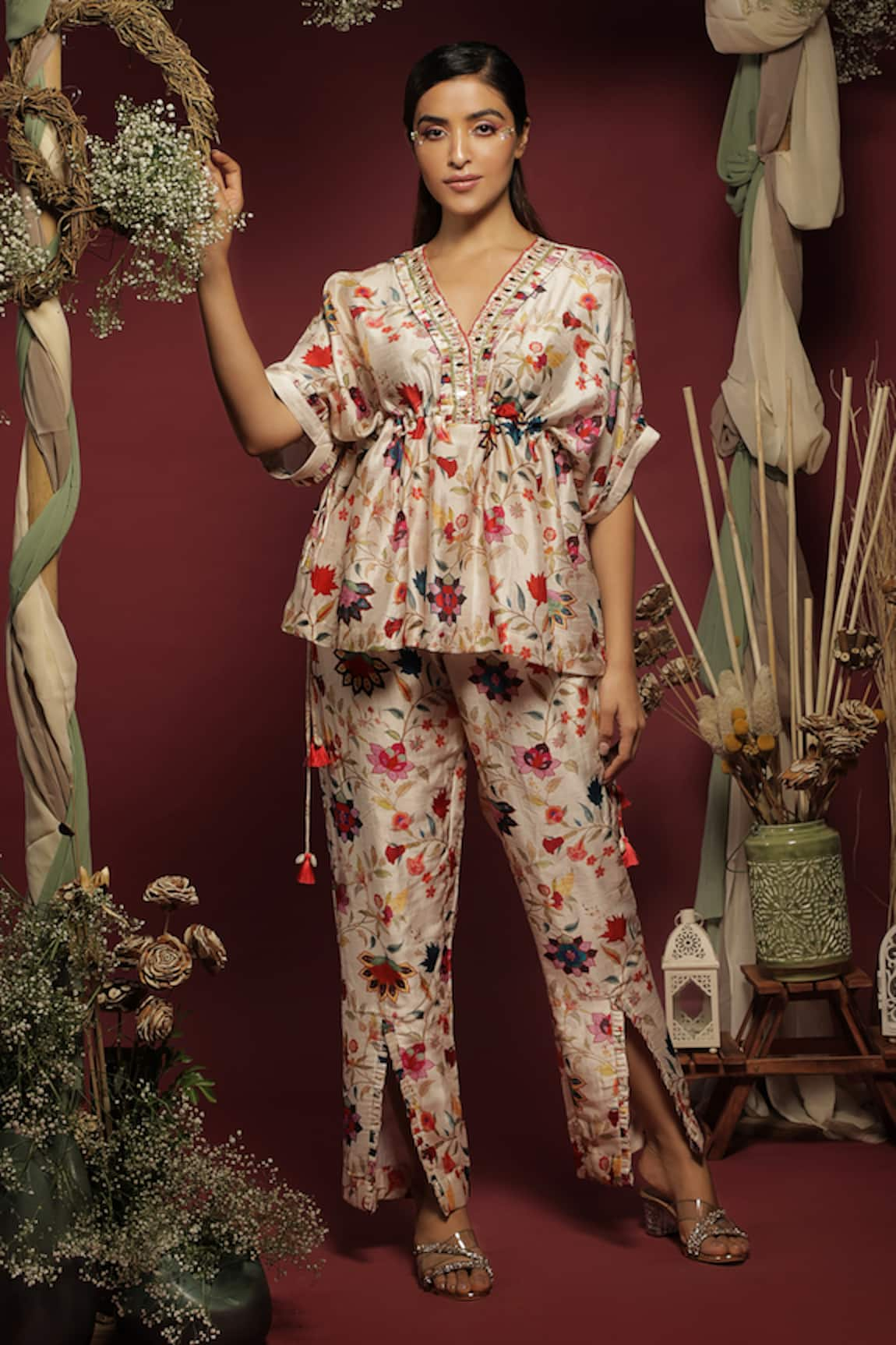 Label Ne'chi Silk Floral Pattern Peplum Top & Trouser Set