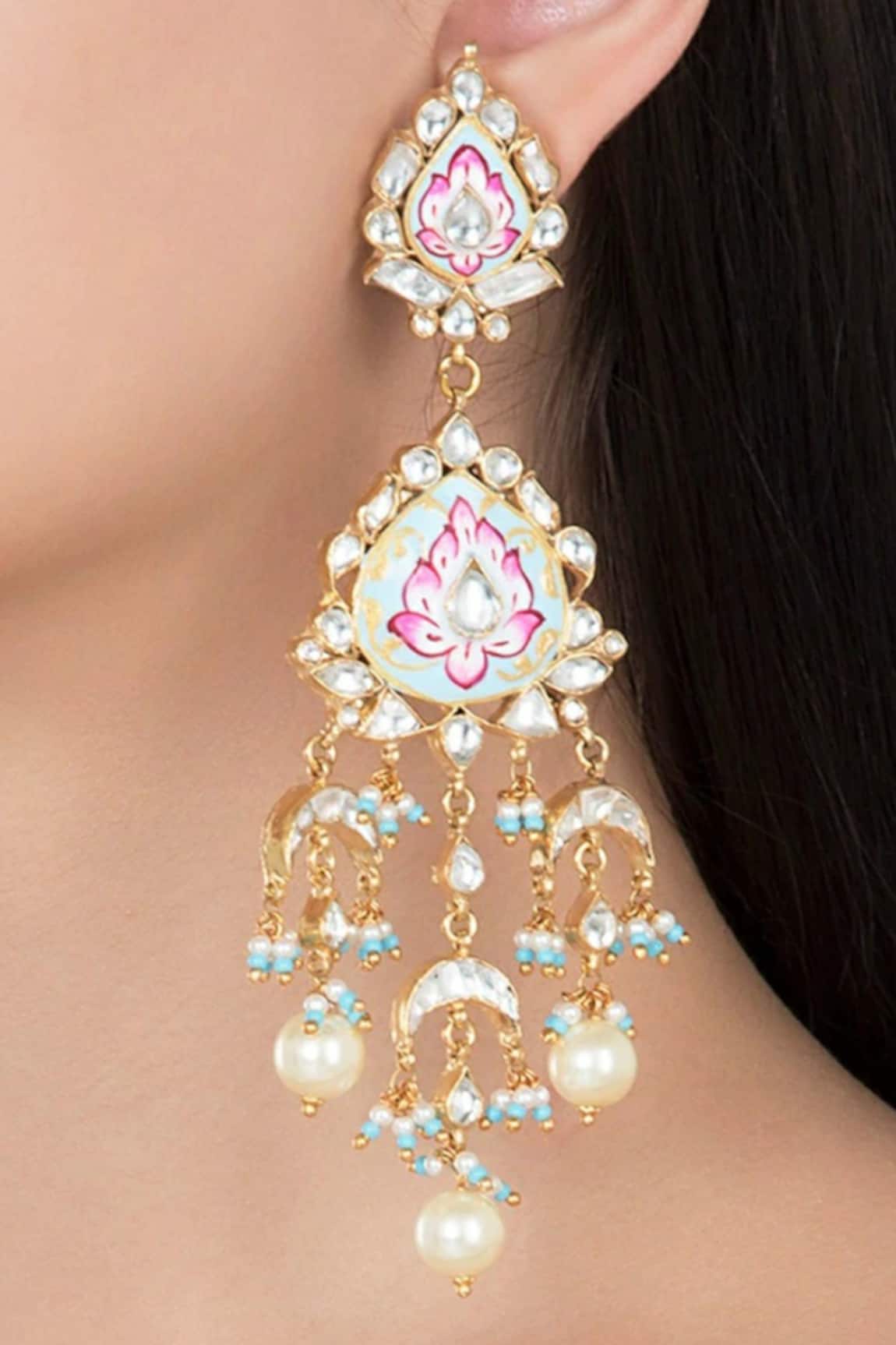 Riana Jewellery Floral Enamel Tiered Stone Danglers 