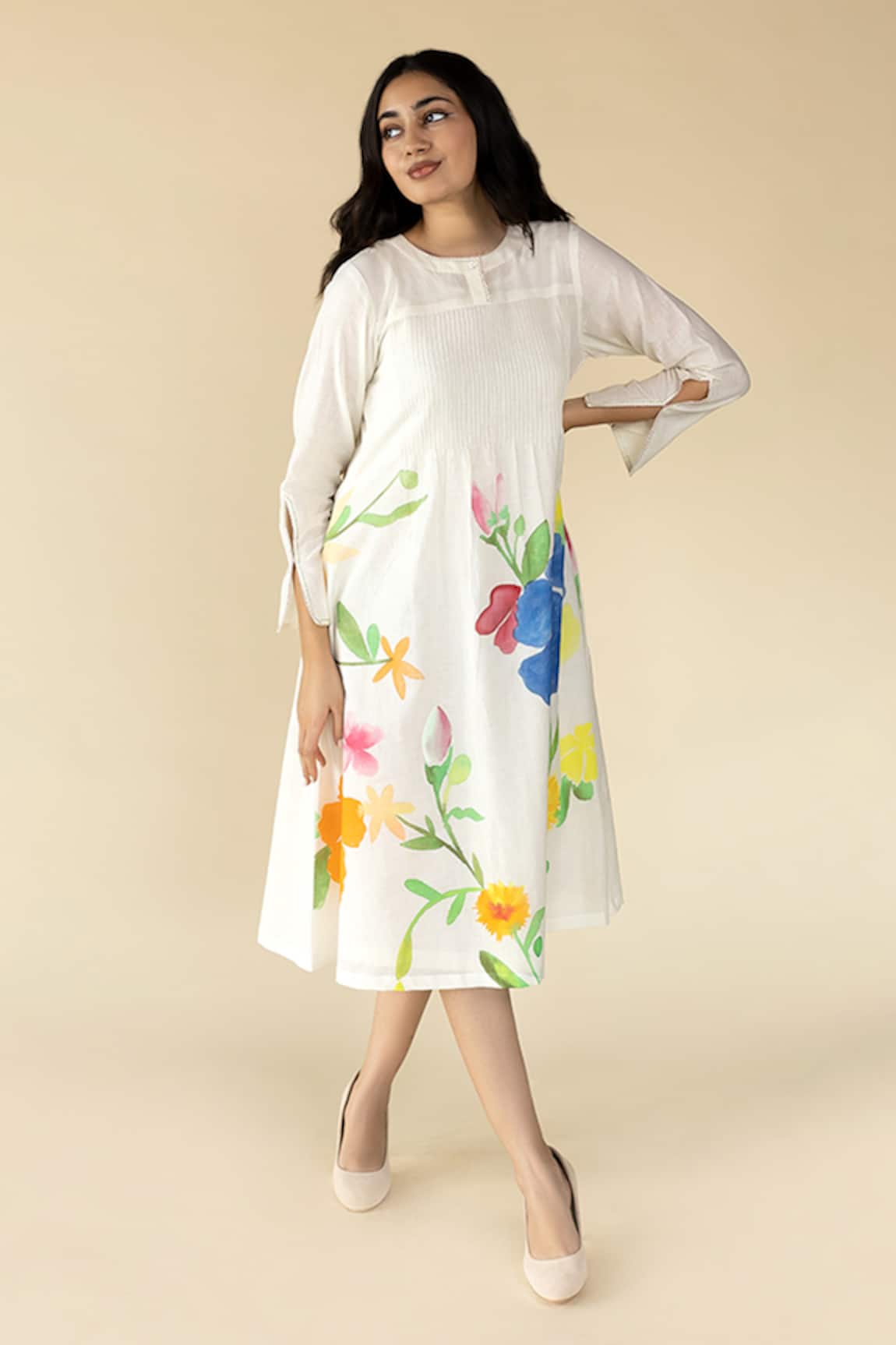 Purvi Doshi Floral Hand Painted Pintuck Dress