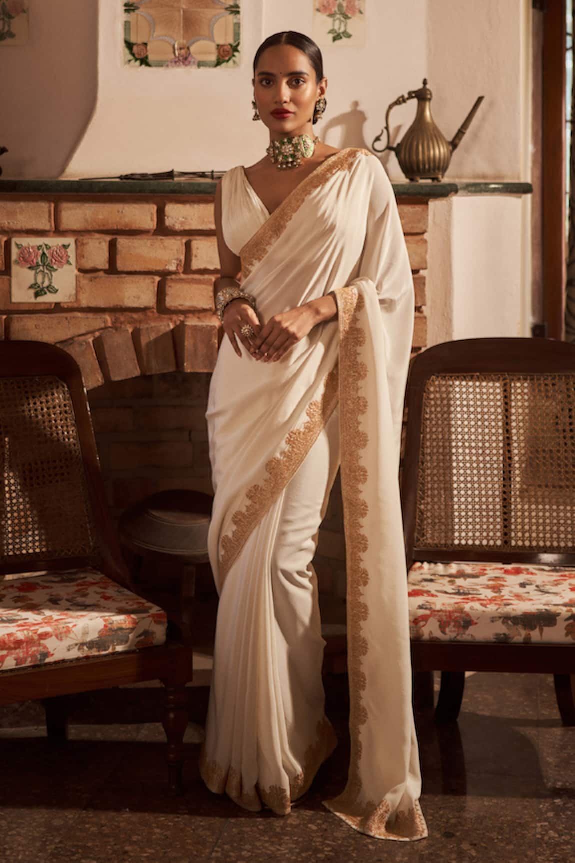 Embroidered White Georgette Saree buy online -