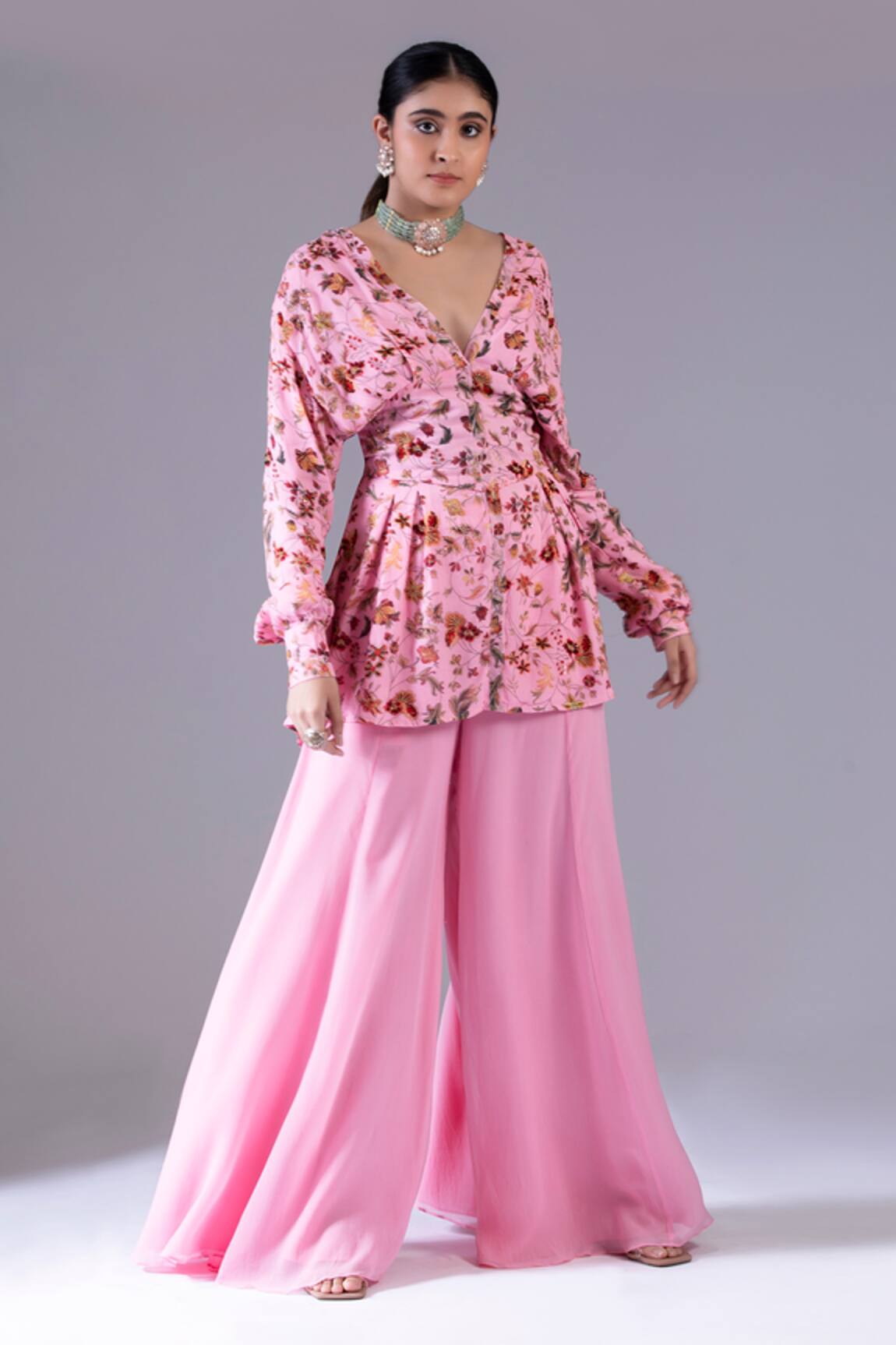 Krisha Sunny Ramani Floral Print Peplum Kurta & Sharara Set