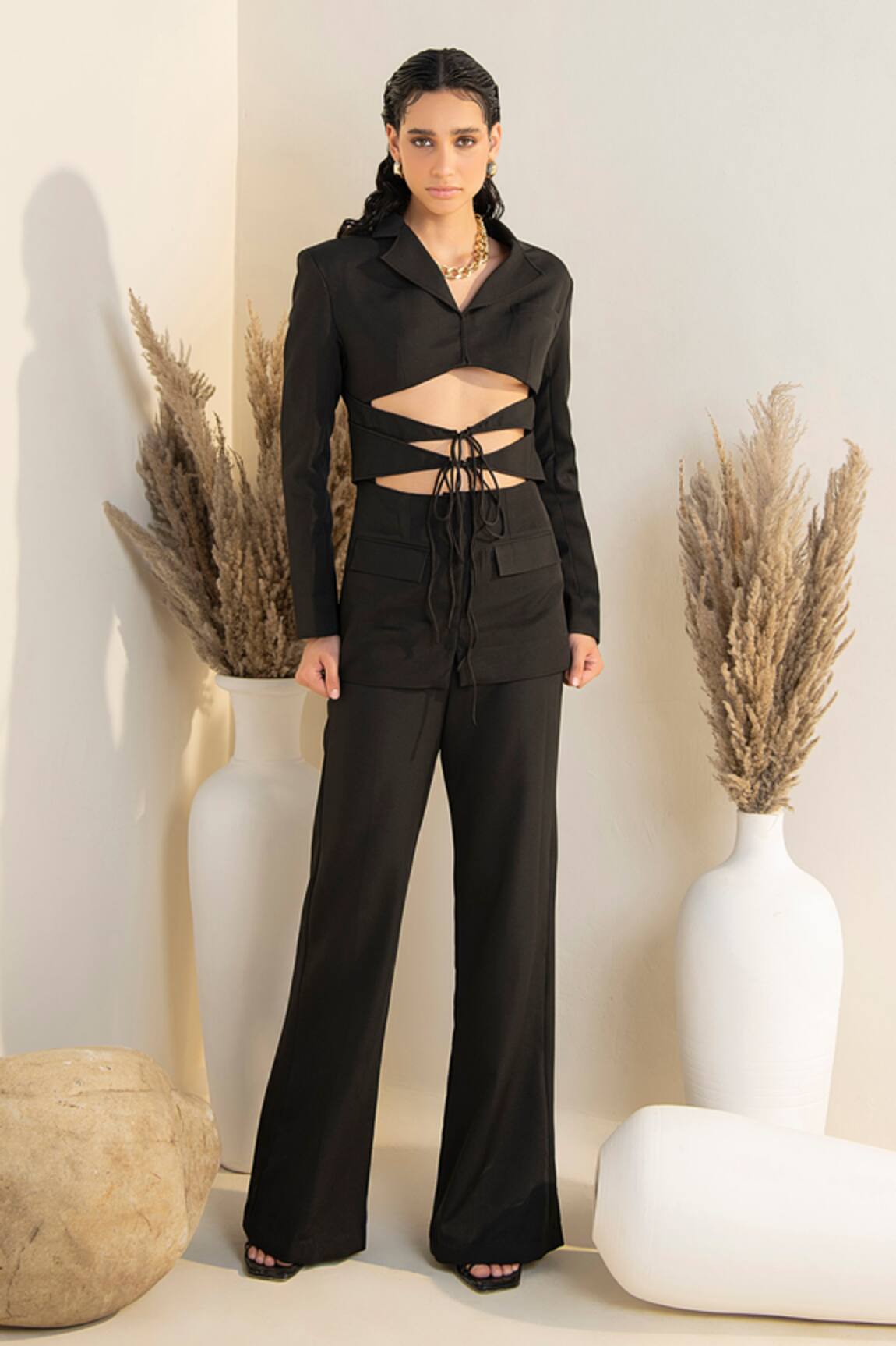 Intrinsic India Emma Solid Blazer & Flared Pant Set