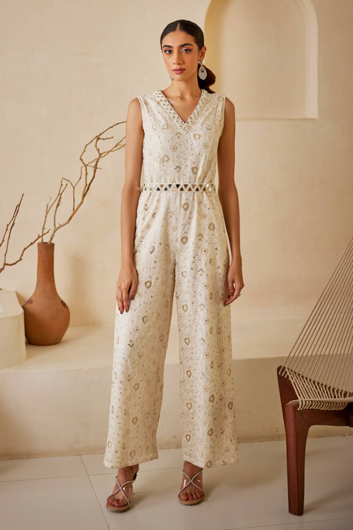 Twenty Nine Chikankari Embroidered Jumpsuit With Belt
