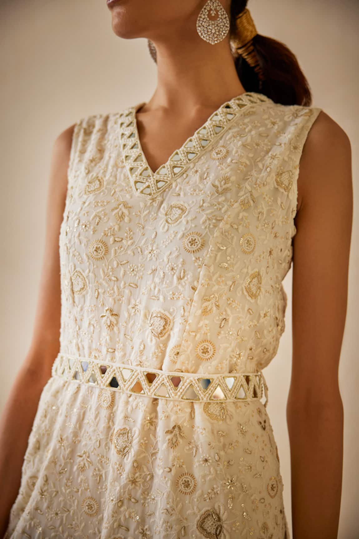 Buy White Georgette Beads, Mirrors, Chikankari Embroidered