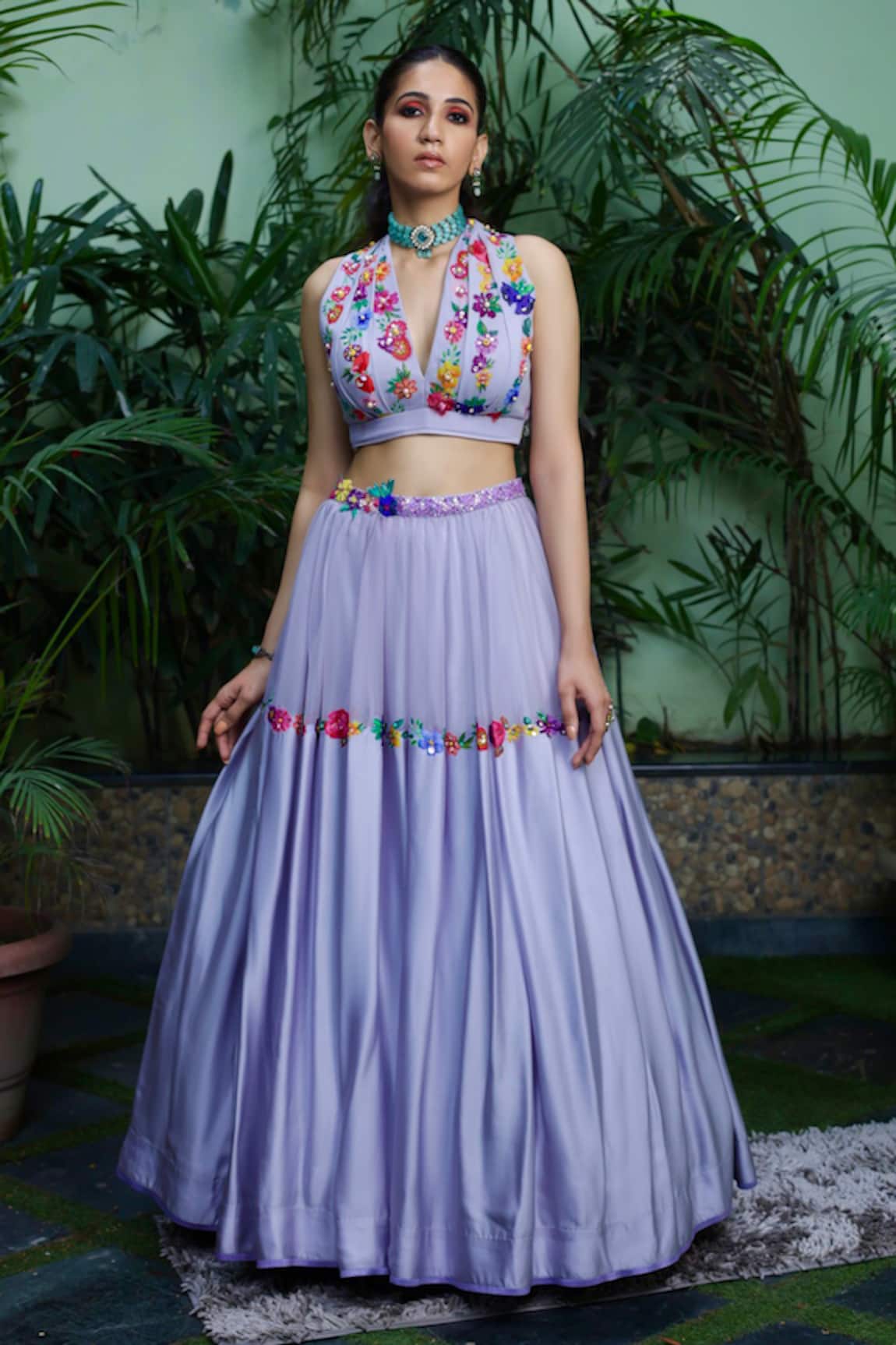 Amit Sachdeva Floral Bloom Work Top With Skirt