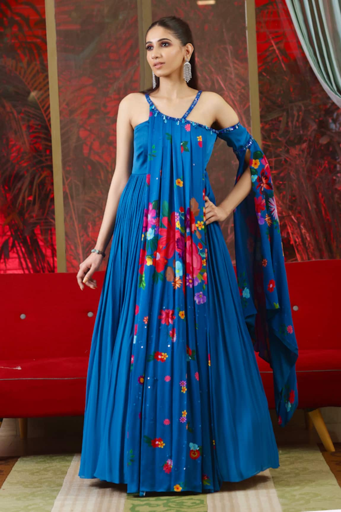 Amit Sachdeva Floral Print Asymmetric Drape Sleeve Gown